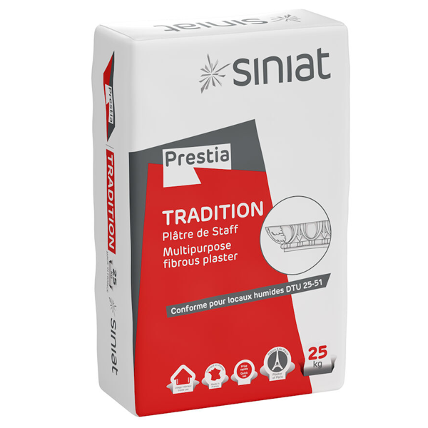 Plâtre fin à prise rapide pour éléments de moulage - Prestia Tradition Siniat - Sac de 25 kg
