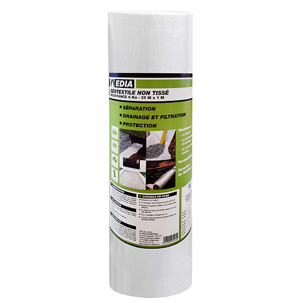 Géotextile non tissé Edia - polypropylène blanc - R. 6 kN - rouleau de 1 M x 25 M