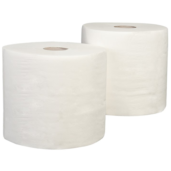 Essuie main 100% cellulose blanche  - 2 plis - 1500 feuilles format 19.4 x 30 cm - Lot de 2 bobines