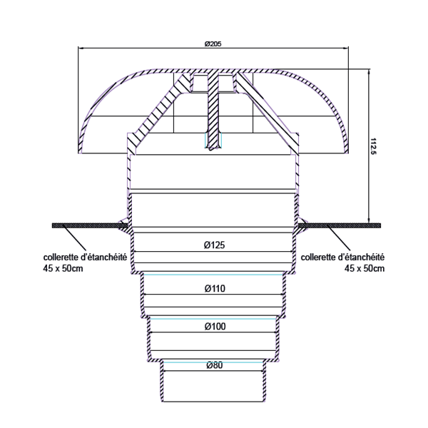 Chapeau de ventilation 80 à 125 mm MEP en PVC avec moustiquaire CVC125AN couleur ardoise