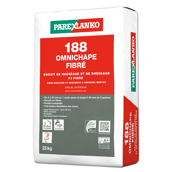 Enduit de ragréage et de dressage - 188 OMNICHAPE FIBRÉ Classé P3 - 5 à 40 mm - Sac de 25 KG
