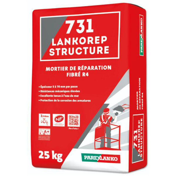 Mortier de réparation des bétons - fibré à retrait compensé - 731 Lankorep Structure - Sac de 25 KG