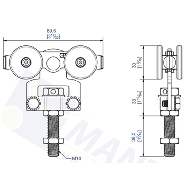Monture fixation chant 4 galets 80kg pour rail 35x30 Mantion 2235 - Lot de 2