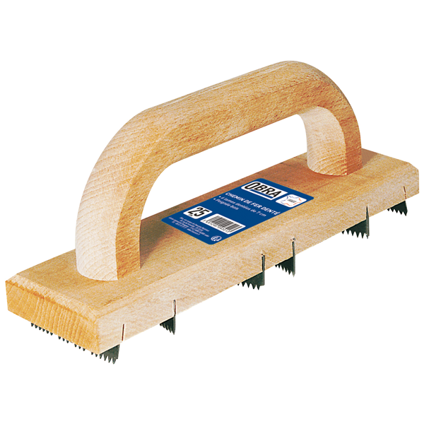 Chemin de fer denté pour maçon - Obra - poignée en bois -  6 lames acier en pas de 3 mm - 250 x 70 mm