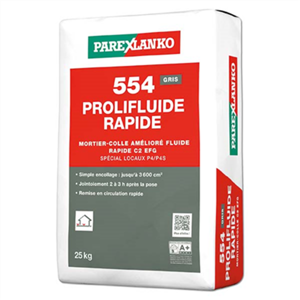 Mortier-colle amélioré fluide rapide PROLIFLUIDE RAPIDE 554 pour la pose de revêtements céramiques