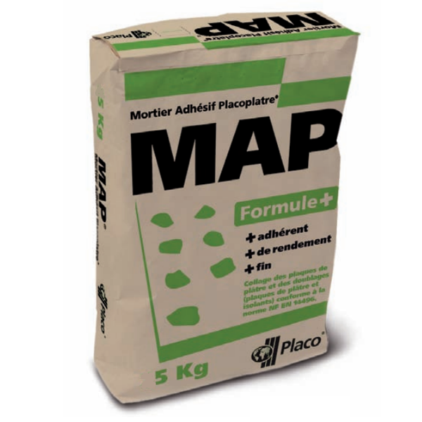 Mortier adhésif pour plaques de plâtre et isolants - Map Formule+ - sac de 5,00 KG