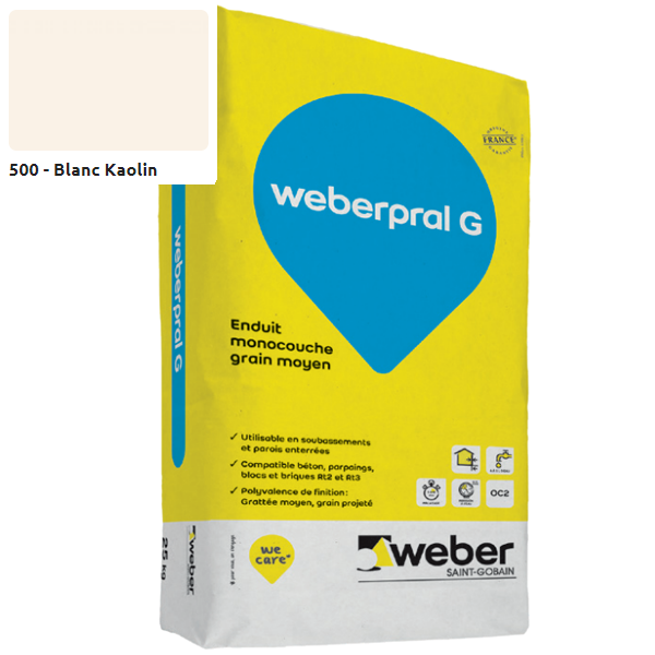 Enduit monocouche moyen WeberPral G 500 Blanc kaolin - 25 KG
