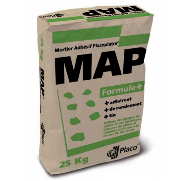 Mortier adhésif pour plaques de plâtre et isolants - Map Formule+ - sac de 25,00 KG