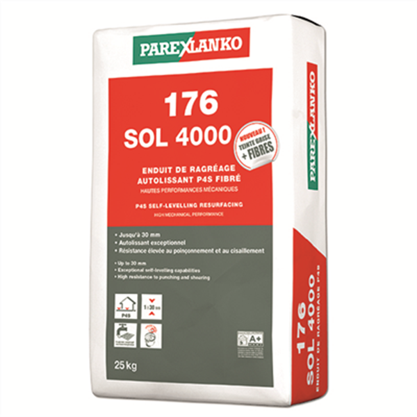 Enduit de ragréage 176 SOL 4000 fibré autolissant Classe P4S - 3 à 30 mm - Sac de 25 KG