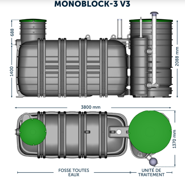 Fosse toutes eaux - Monoblock-3-5 V3 Biorock - avec poste de relevage - Capacité 5 E.H - 3000L