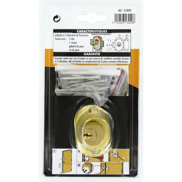 Verrou pour porte d'entrée vitrée Corvette cylindre double 45 mm