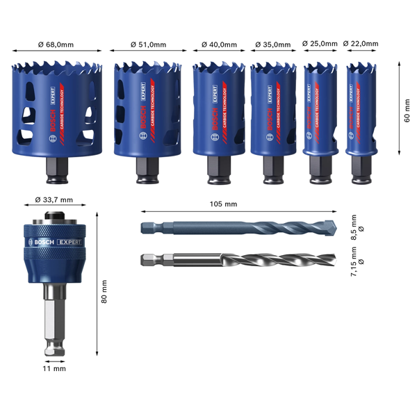 Coffret scies trépans multi-matériaux - Expert Bosch - 22 à 68 mm