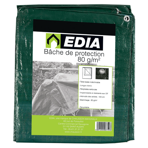 Bâche de protection imperméable verte - Edia - 80 g/m² avec œillets - 4 x 5 m
