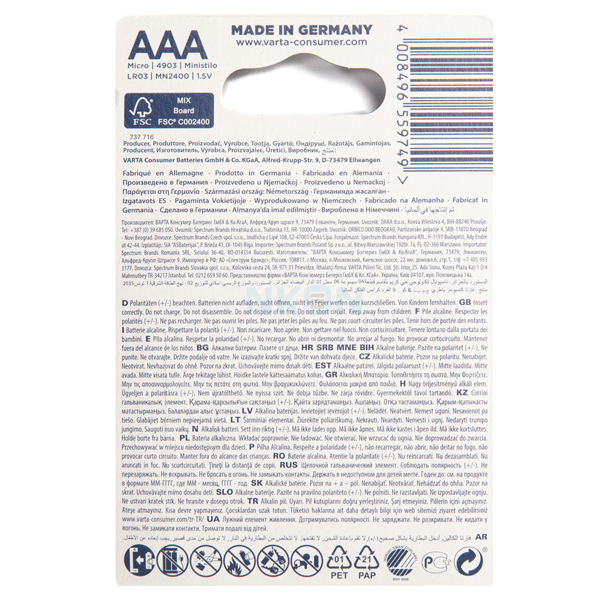 Pile électronique Alcaline LR03  Varta High Energy AAA x4