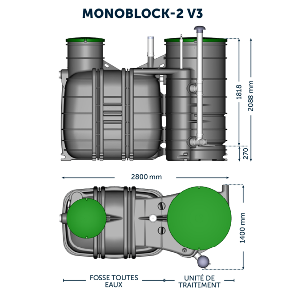 Fosse toutes eaux - Monoblock-2-4 V3 Biorock - avec poste de relevage - Capacité 4 E.H - 2000L