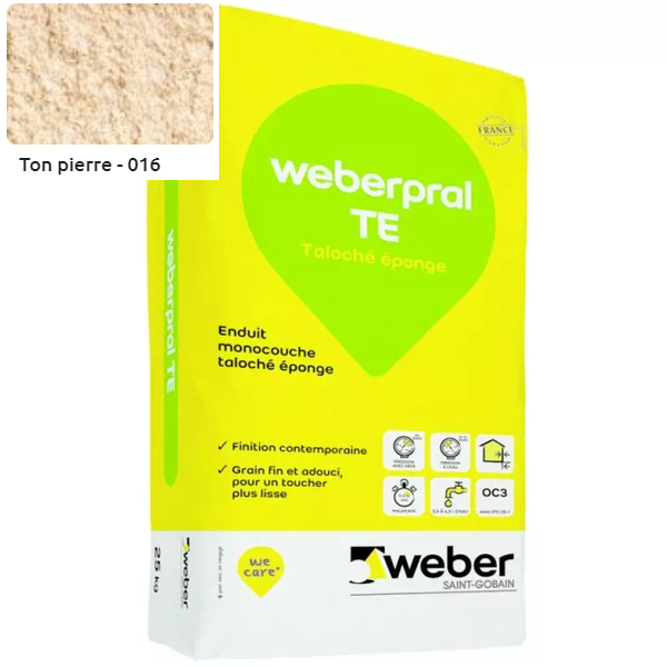 Enduit monocouche taloché éponge Weberpral TE 016 Ton pierre - 25 kg