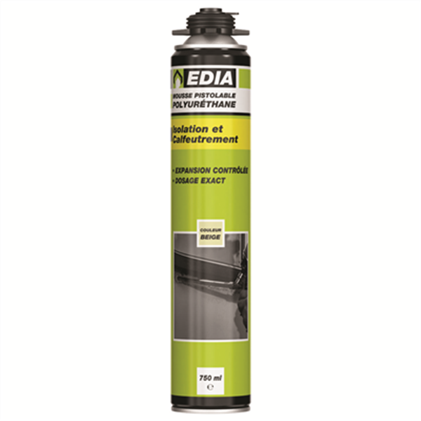 Mousse expansive PU  pistolable Edia Aérosol 750ml Prêt à l'emploi Beige
