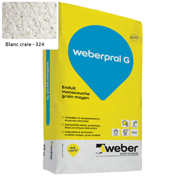 Enduit monocouche moyen WeberPral G 324 Blanc craie - 25 KG
