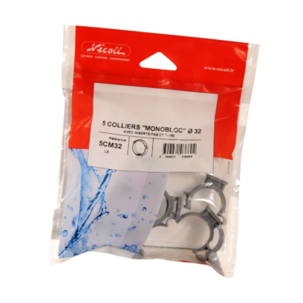 Collier monobloc Nicoll pour système d'évacuation - Diamètre 32 mm - Polypropylène gris - Sachet de 5 pièces