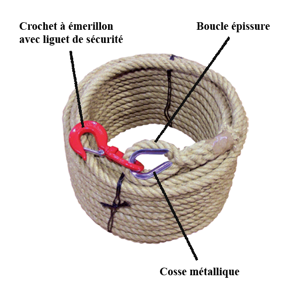 Corde poulie chanvre crochet sécurité diamètre Ø 20/22 mm longueur 20 m