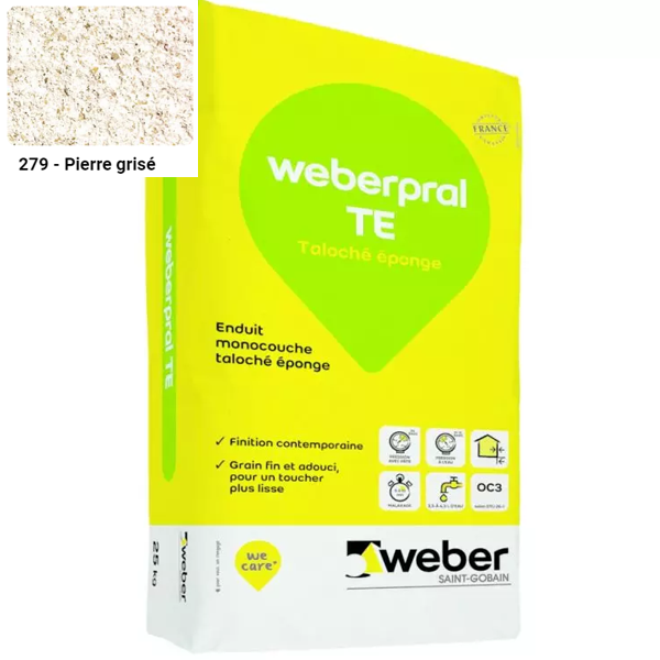 Enduit monocouche taloché éponge Weberpral TE 279 Pierre grisée - 25 kg