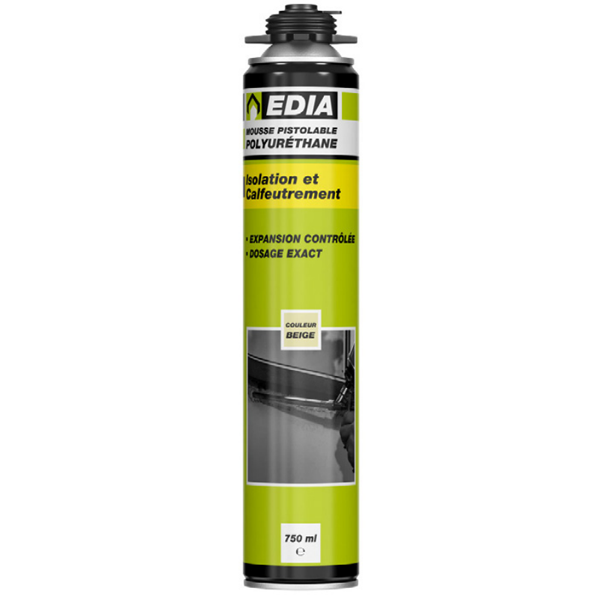 Mousse expansive PU  pistolable Edia Aérosol 750ml Prêt à l'emploi Beige
