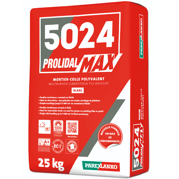 Mortier-colle amélioré polyvalent - 5024 Prolidal Max - Blanc - Sac de 25 KG